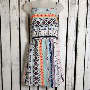 Sundress Aztec Geometric Print Neon‎ Size Large Boho Mini Lightweight Sleeveless